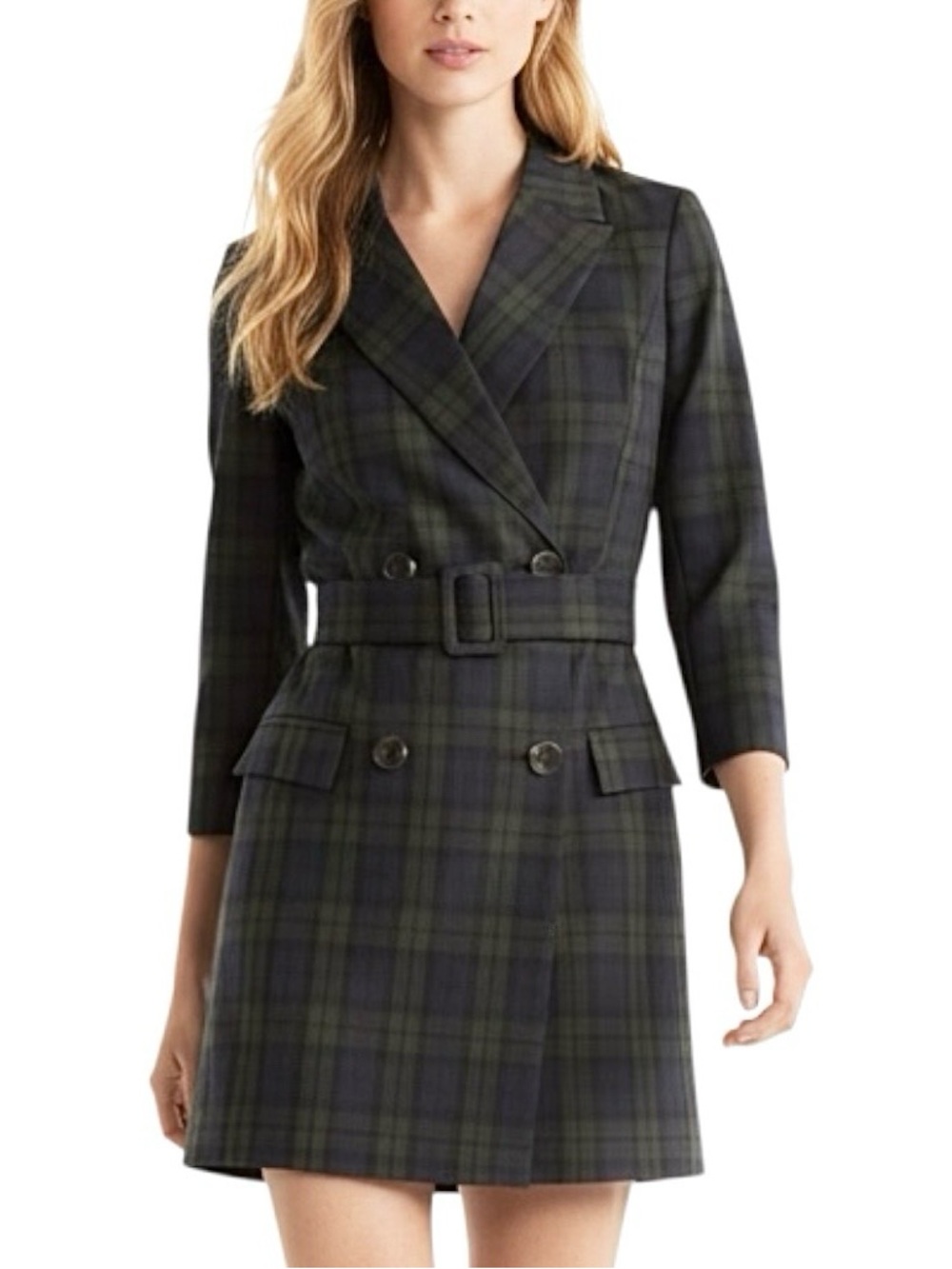 NWT Mango MNG Plaid Double Breasted Blazer Dress XS Green Navy Tartan Belted